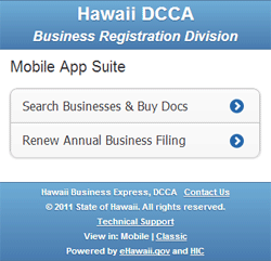Screenshot of the Hawaii DCCA Business Registration Mobile App Site.