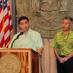 CIO Todd Nacapuy and Governor David Ige speaking at a news conference
